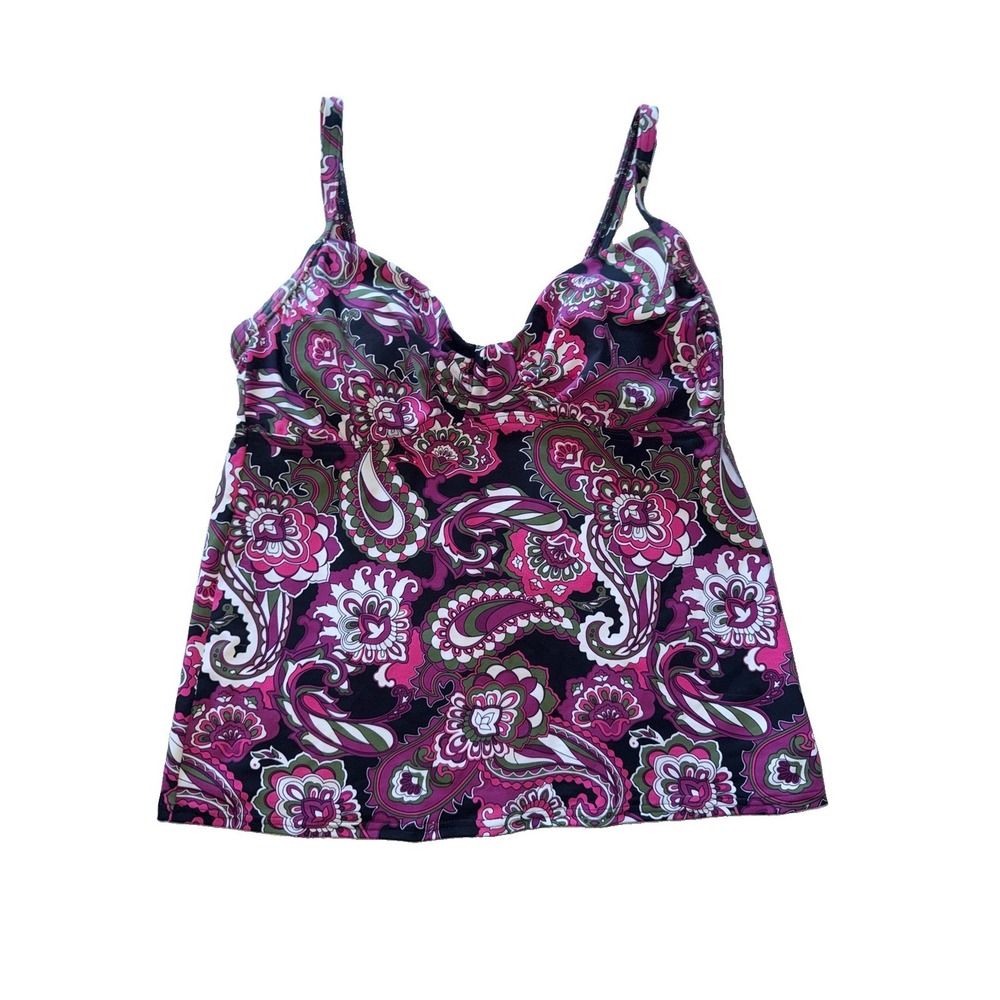 Lands' End Tankini Top Womens 6 Paisley Pink Green Black Molded Cup Swimwear